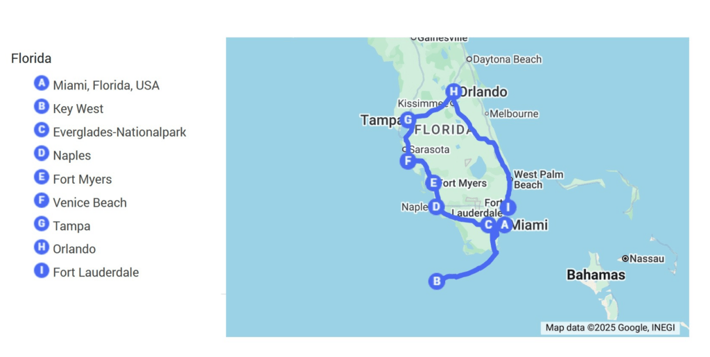 Karte des Florida Roadtrips mit Route von Miami über Key West, Everglades-Nationalpark, Naples, Fort Myers, Venice Beach, Tampa, Orlando und Fort Lauderdale