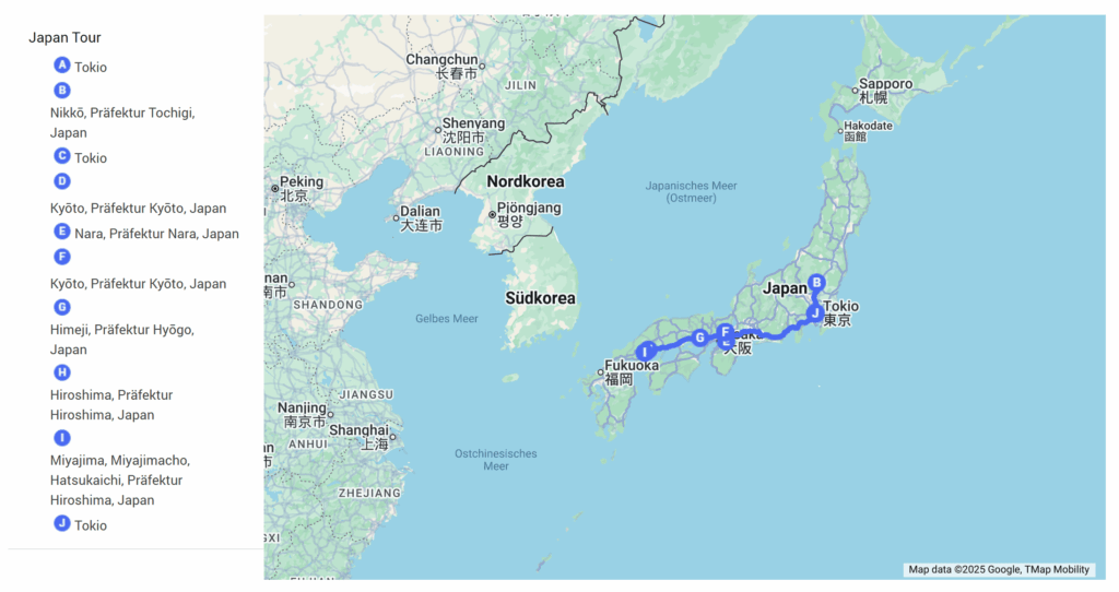 Karte unserer Japan Rundreise: Tokio – Nikkō – Kyoto – Nara – Himeji – Hiroshima – Miyajima – zurück nach Tokio mit markierter Reiseroute.