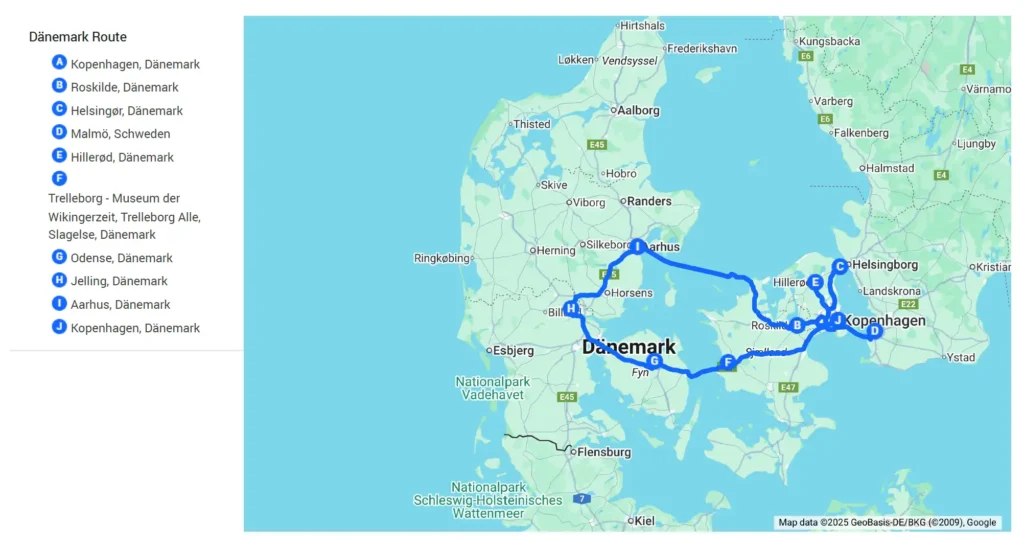 Route unserer Dänemark Rundreise mit Kindern: Kopenhagen, Roskilde, Helsingør, Malmö, Frederiksborg, Trelleborg, Odense, Jelling und Aarhus