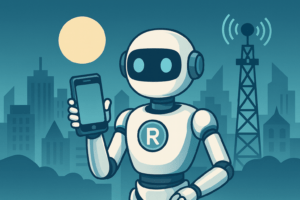 eSIM auf Reisen – KI-Roboter nutzt Smartphone mit Mobilfunknetz im Ausland