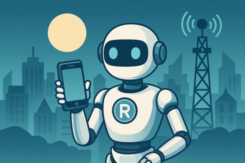 eSIM auf Reisen – KI-Roboter nutzt Smartphone mit Mobilfunknetz im Ausland