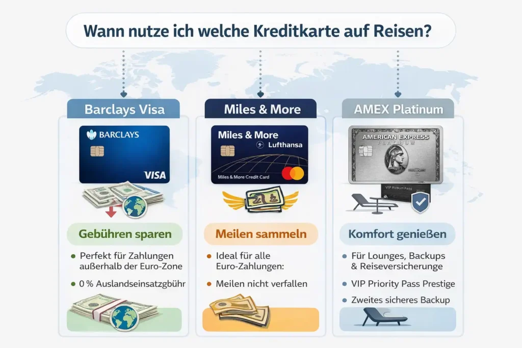 Kreditkarten auf Reisen – Infografik: Wann Barclays Visa, Miles & More oder Amex Platinum nutzen