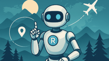 Reiseplanung mit KI – Roboter plant eine Reise mit Flugzeug und Landschaft im Hintergrund