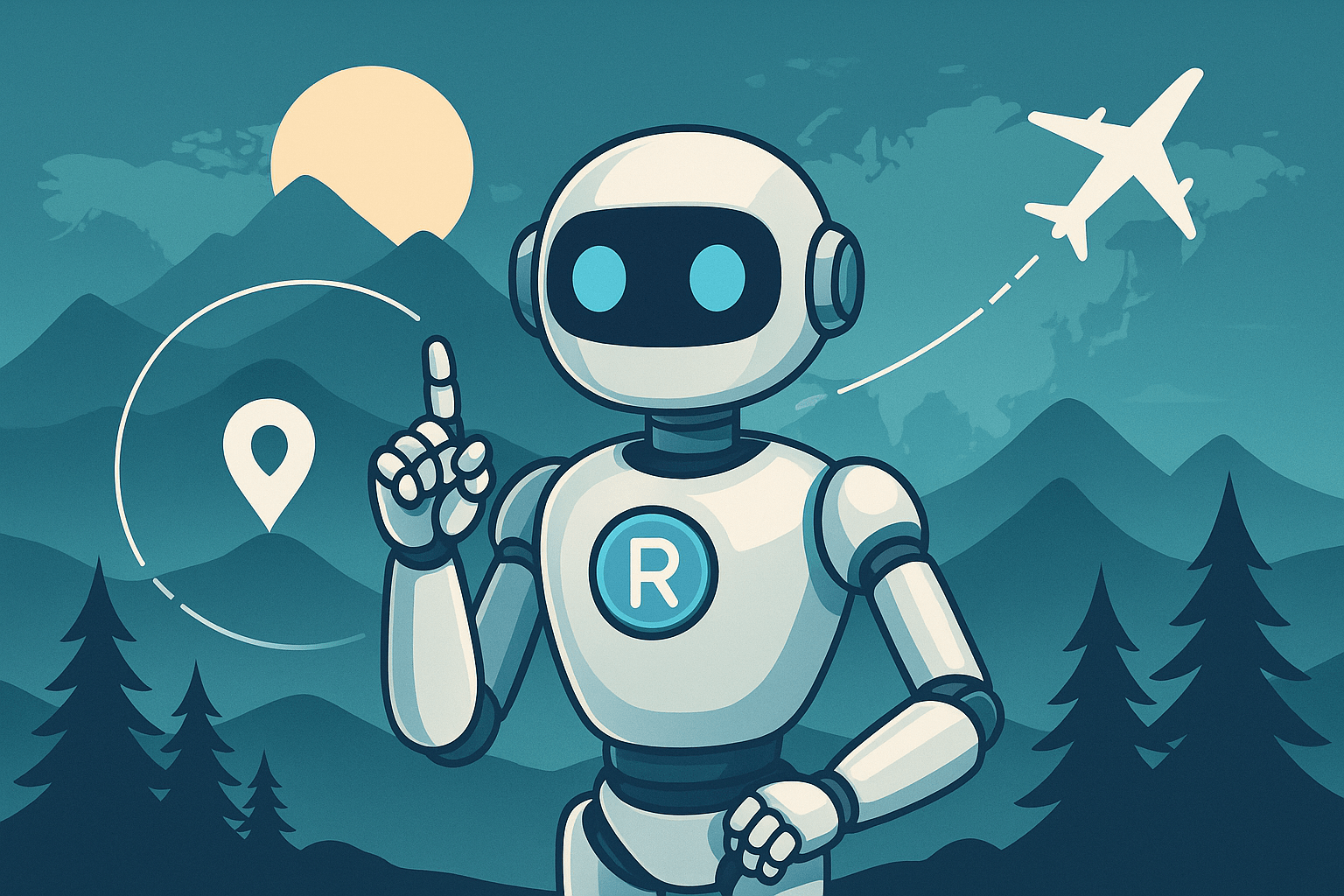 Reiseplanung mit KI – Roboter plant eine Reise mit Flugzeug und Landschaft im Hintergrund