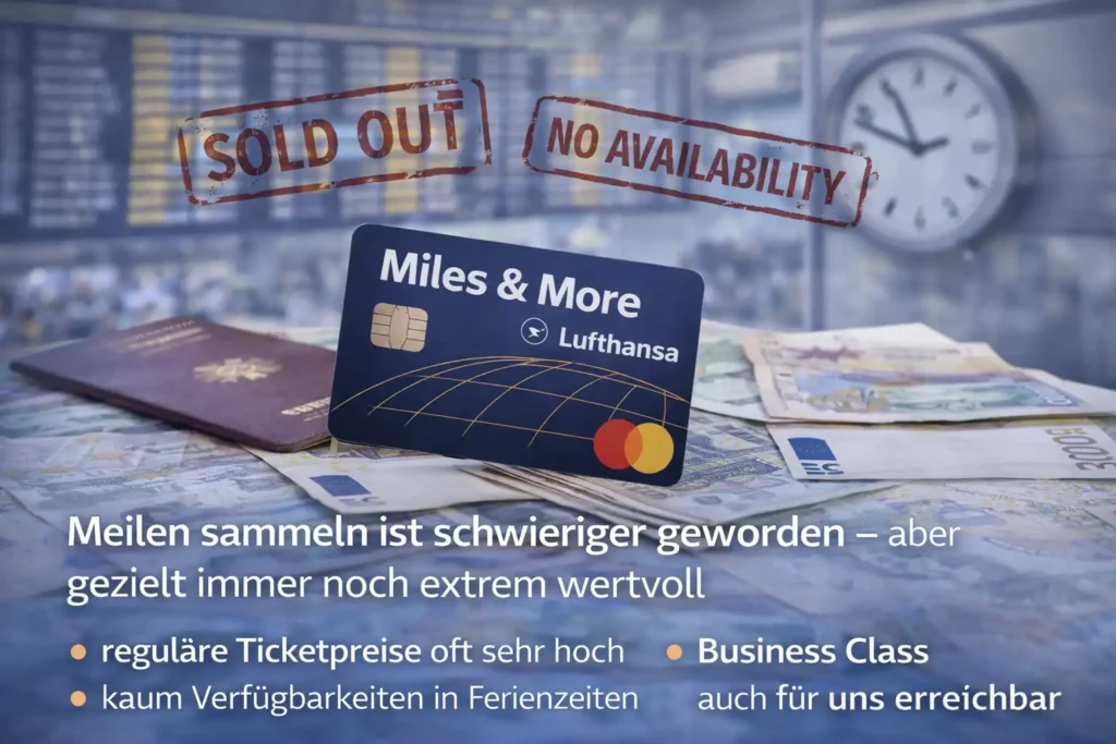 Miles & More Kreditkarte auf Reisekarte mit Hinweis auf fehlende Verfügbarkeit – Meilen sammeln in Ferienzeiten schwierig