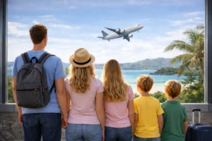 Reiseversicherung für Familien im Vergleich – Familie mit drei Kindern am Flughafen vor einem Flugzeug als Symbol für sichere Familienreisen