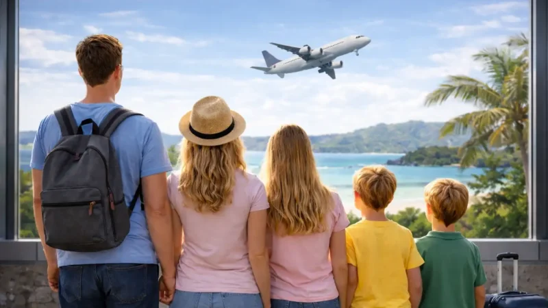 Reiseversicherung für Familien im Vergleich – Familie mit drei Kindern am Flughafen vor einem Flugzeug als Symbol für sichere Familienreisen